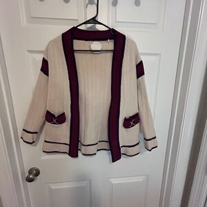 Sandro Paris Wool Cable Knit Cardigan Sweater Small Cream Burgundy